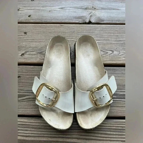 BIRKENSTOCK MADRID BIG BUCKLE SLIDE SANDALS NATURAL LEATHER PATENT Sz 36 (5-5.5) - Picture 2 of 11